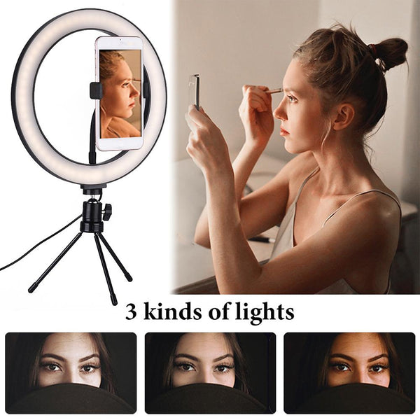 Dimmable LED Selfie Ring Light with Tripod USB Selfie Light Ring Lamp Big Photography Ringlight with Stand for Cell Phone Studio