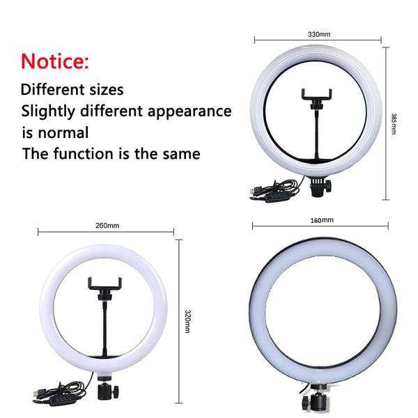 Dimmable LED Selfie Ring Light with Tripod USB Selfie Light Ring Lamp Big Photography Ringlight with Stand for Cell Phone Studio