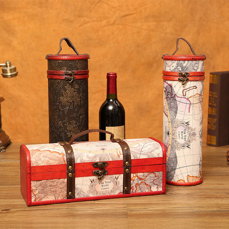 Vintage Red Keepsake Box Wood Wine Box Retro Gift Wine Storage Box Bottle Package With Handle Bar Accessories