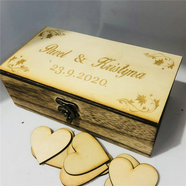 Personalized Wooden Wedding Box Custom Bride Groom Wedding Guest Book Box Keepsake with 50pcs Hearts Unique Party Favor Gifts Supply