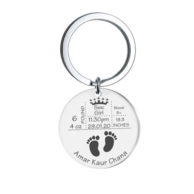 SS Baby Info Keepsake Keychain  Round Jewellery for New Parents Grandparents