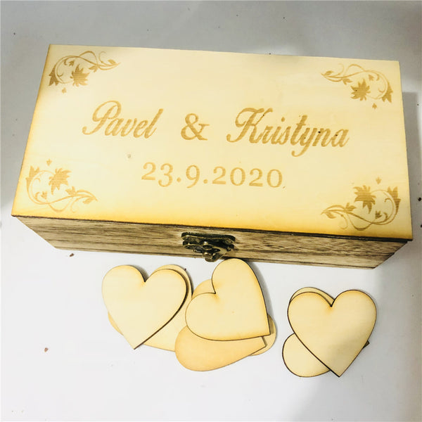 Personalized Wooden Wedding Box Custom Bride Groom Wedding Guest Book Box Keepsake with 50pcs Hearts Unique Party Favor Gifts Supply