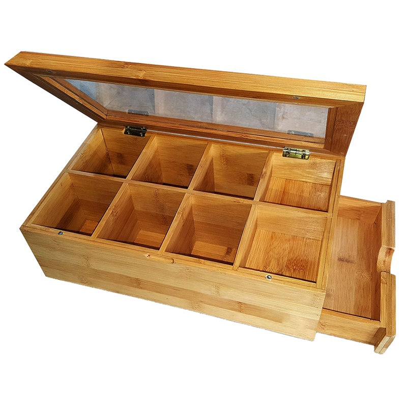 Bamboo Tea Keepsake Box Storage with Clear Hinged Lid 8 Storage Sections with Expandable Drawer