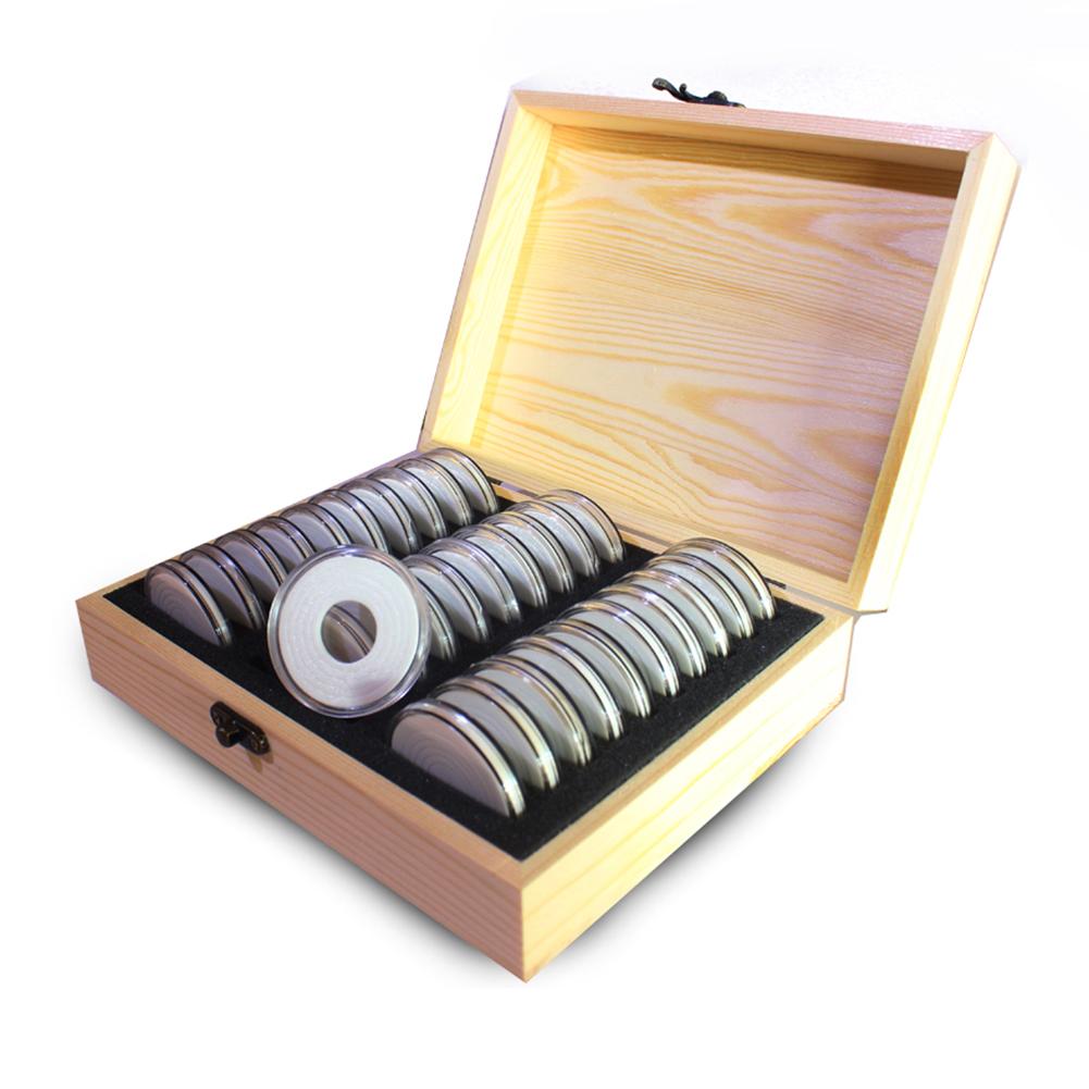 30 grid Coin Storage Box Round Coin Storage Wooden Case Commemorative Coin Keepsake Collection Container Coin Capsules Universal