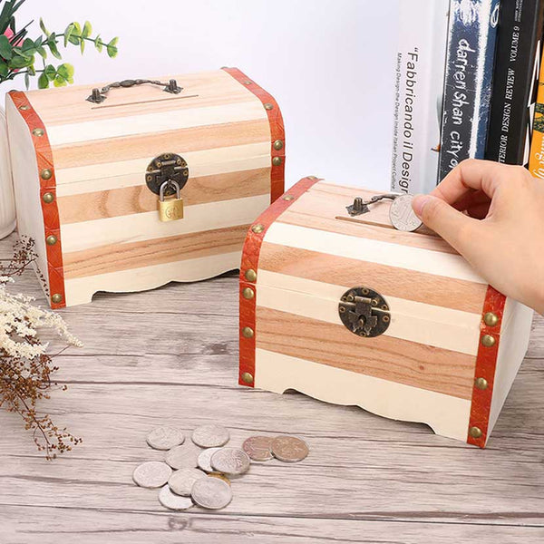 Wooden Treasure Chest With Lock Piggy Bank/Storage for Coins Precious Items Jewellery Keepsake Box 25*15.4*18cm