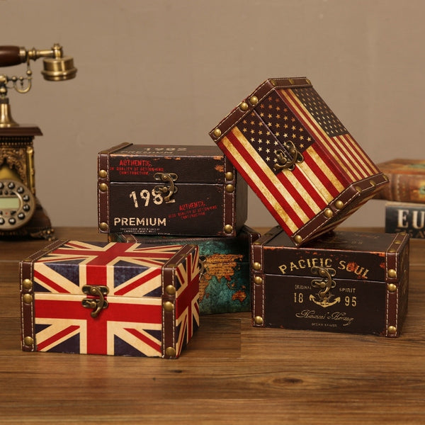 EASY-Vintage Storage Decorative Suitcase Small Retro Wooden Box Casket Lock Desktop Storage Box Keepsake Jewellery Box