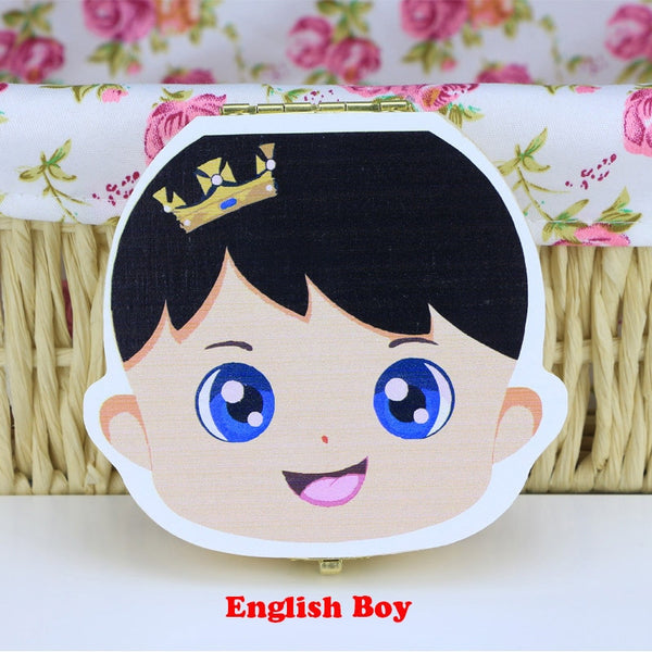 Wooden Baby Keepsake Tooth & Umbilical Storage Box Multilingual For Boys & Girls