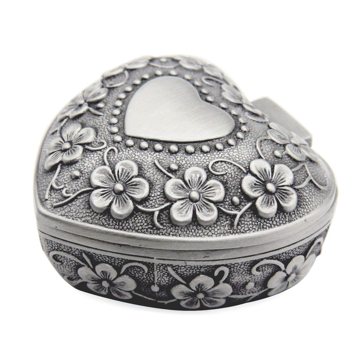 Classic Vintage Silver Heart Shape Keepsake Jewel Box Ring Small Trinket Storage Organizer Chest Christmas Gift,Silver