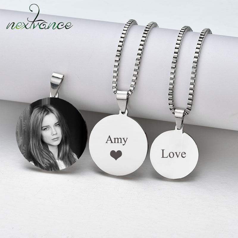 Nextvance Personalized Engraved Jewelry ID Tag Necklaces Engrave Photo Name Necklace Round Keepsake For Women Lover Pet Gift