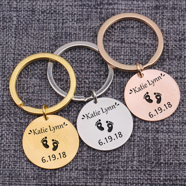 Custom Date Name Keychain Footprint Engraved Keyrings Pendant Jewelry Baby Stats New Dad Mom Keepsake Baby Birth Memorial Gift