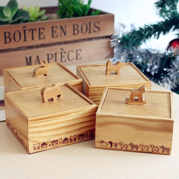 Wooden Keepsake 3D Cute Animal Handle Storage Box Jewellery Box Small Square Memory Storage Box