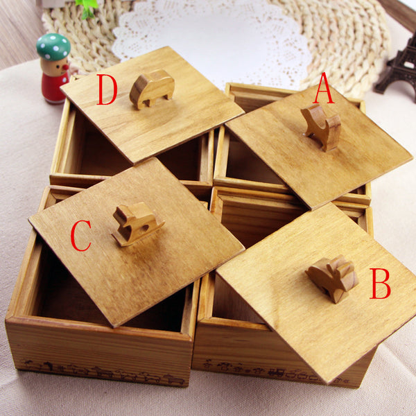 Wooden Keepsake 3D Cute Animal Handle Storage Box Jewellery Box Small Square Memory Storage Box