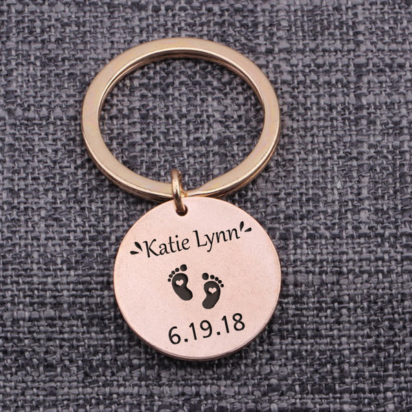 Custom Date Name Keychain Footprint Engraved Keyrings Pendant Jewelry Baby Stats New Dad Mom Keepsake Baby Birth Memorial Gift