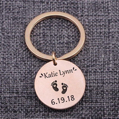 Personalised Engraved Footprint Date Name Keychain Pendant Baby Stats New Dad Mom Keepsake Gift