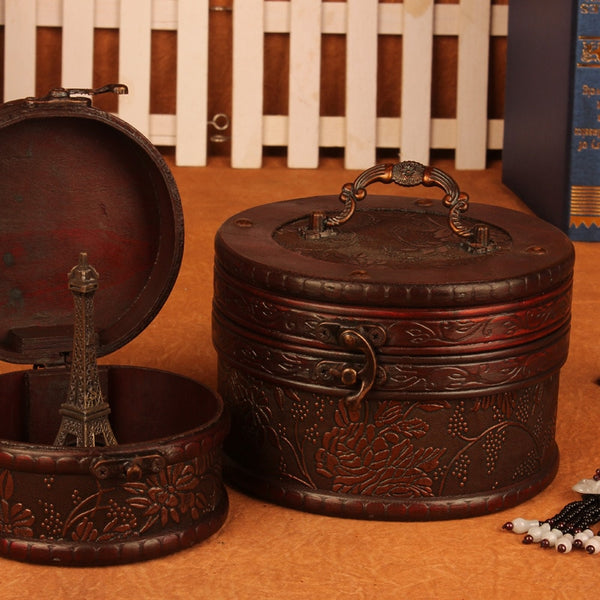 2pcs Chic Wooden Keepsake Memory Storage Box Decorative Trinket Jewellery Cases Round Vintage Treasure Chest