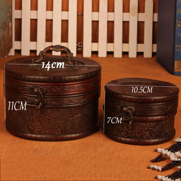 2pcs Chic Wooden Keepsake Memory Storage Box Decorative Trinket Jewellery Cases Round Vintage Treasure Chest