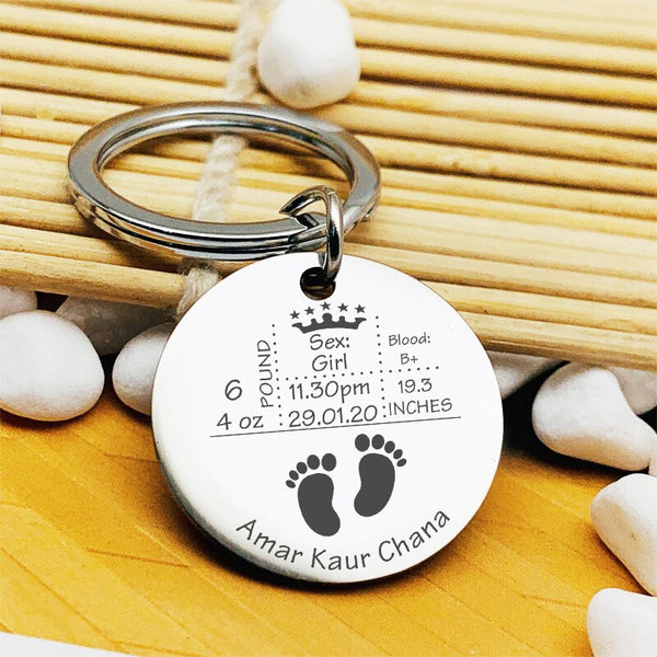 Stainless Steel Baby Information Stats Keepsake Keychain  Round Jewellery for New Parents New Grandparents Gift Fashion Accessories