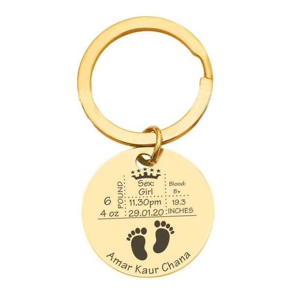 Stainless Steel Baby Information Stats Keepsake Keychain  Round Jewellery for New Parents New Grandparents Gift Fashion Accessories