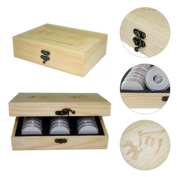 30 grid Coin Storage Box Round Coin Storage Wooden Case Commemorative Coin Keepsake Collection Container Coin Capsules Universal