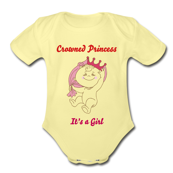 Organic Short Sleeve Baby Bodysuit Its a Girl - washed yellow
